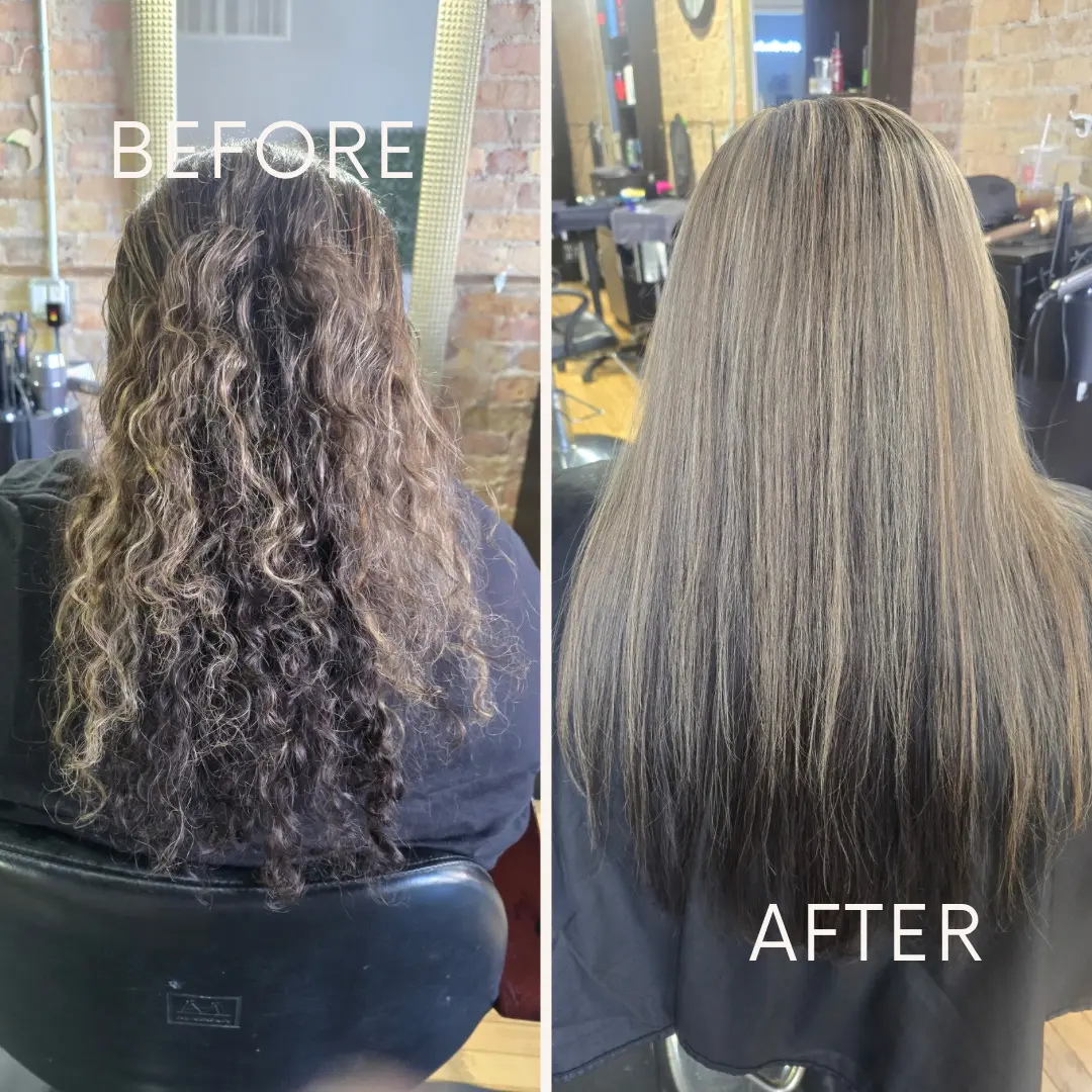 Before and after full and partial dimensional highlights by Krista at Studio K Hair Studio in Lockport IL