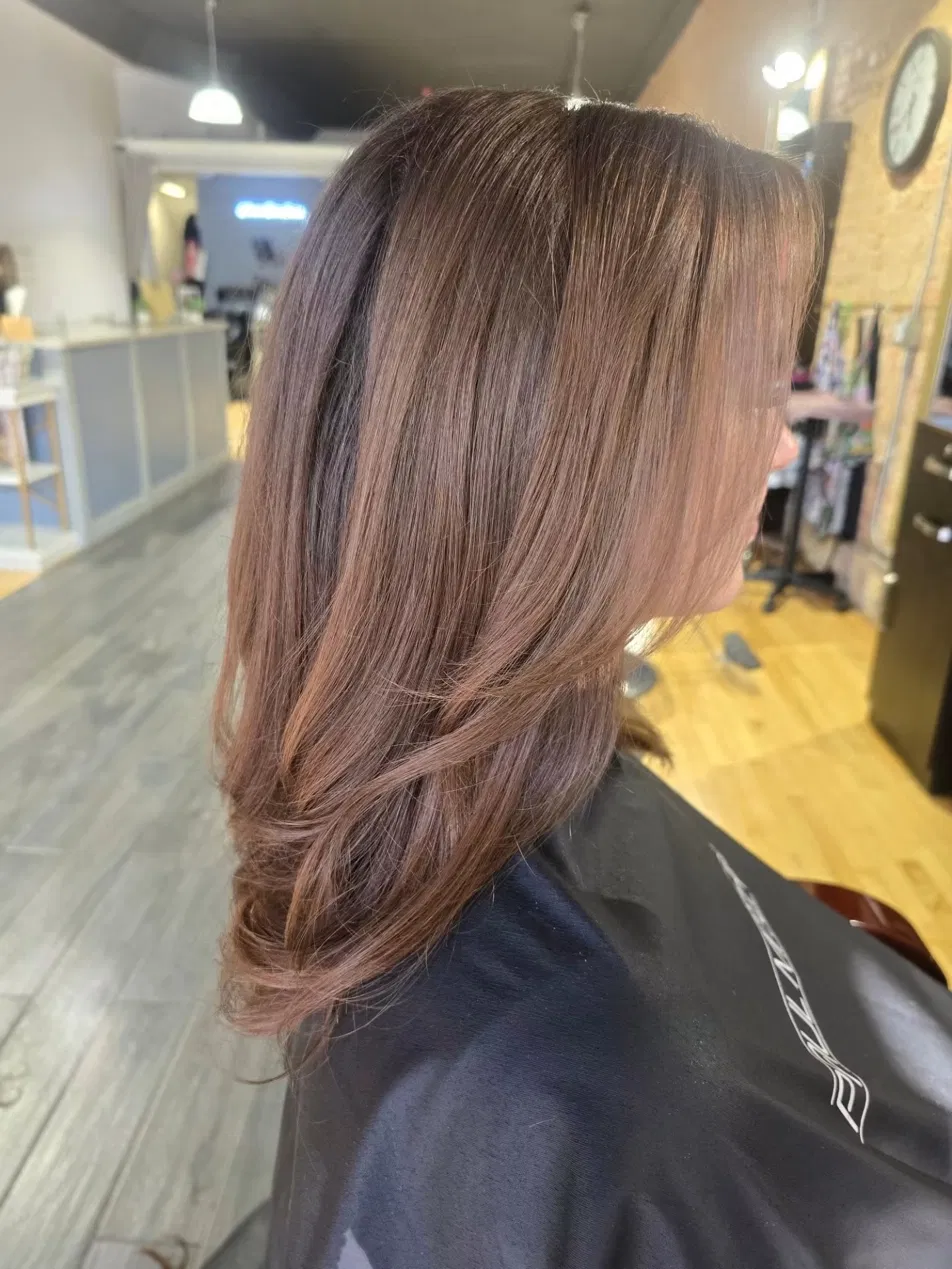 Haircut with long layers and shiny blow-dry finish by Studio K Hair Studio Lockport IL