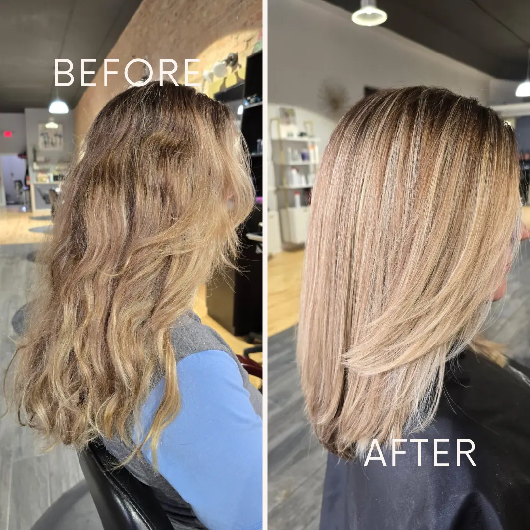 Before and after root touch-up with gloss and blonde color by Studio K Hair Studio in Lockport IL