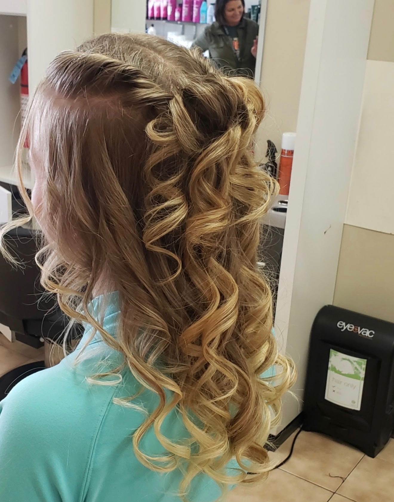 Half-up style with sculpted ringlet curls by Studio K Lockport IL