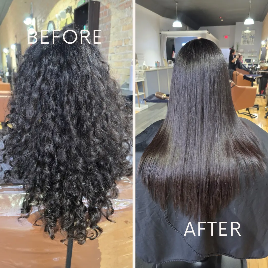 Before and after keratin treatment on long dark hair by Krista at Studio K Hair Studio in Lockport IL